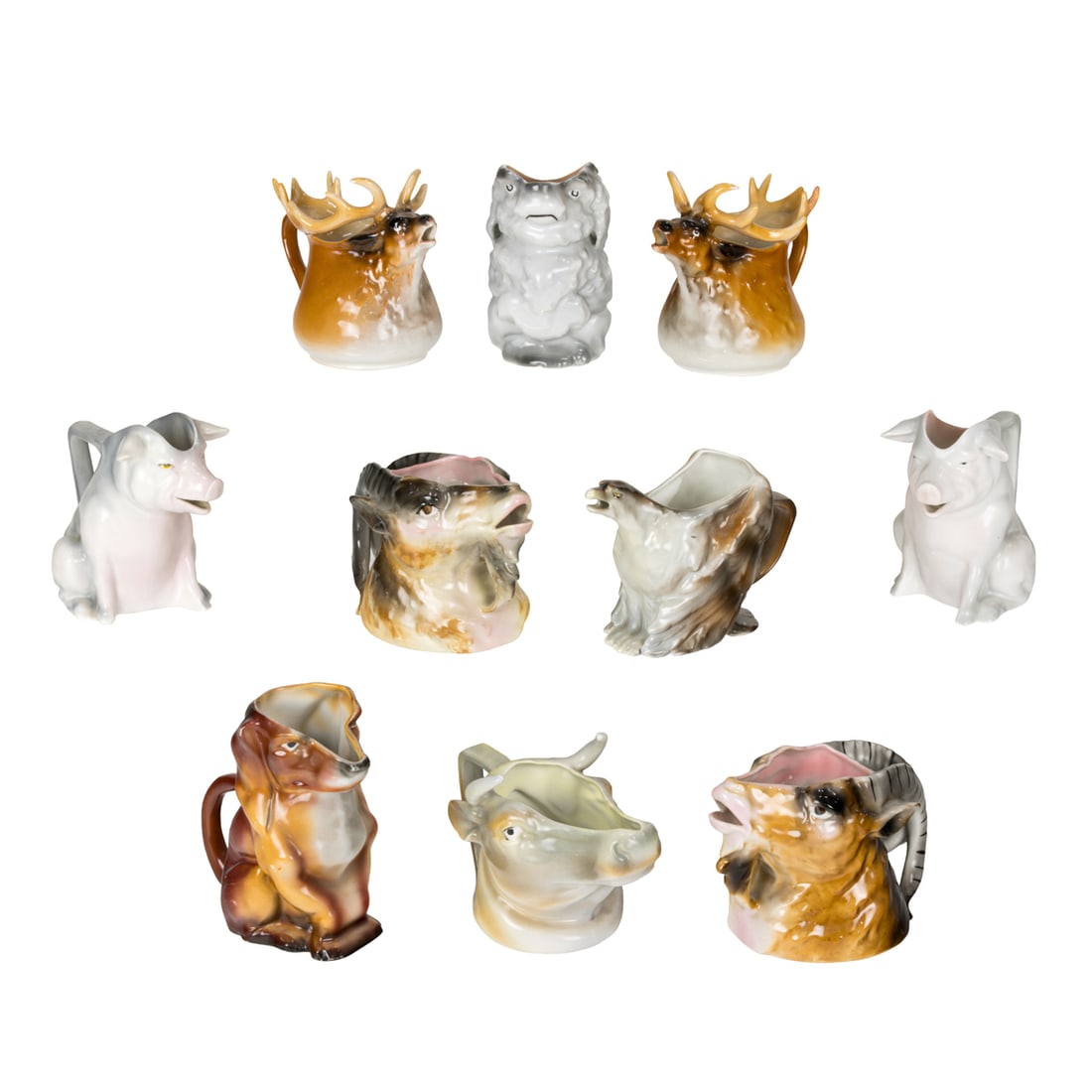A group of ten Royal Bayreuth porcelain animal pitchers, early 20th century (1 of 5)