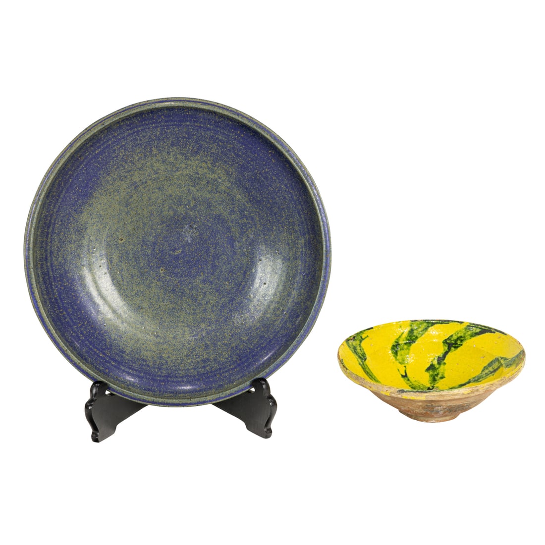 A Frank O. Hamilton (1923-2015, San Francisco) stoneware low bowl, 1958: A Frank O. Hamilton (1923-2015, San Francisco) stoneware low bowl, 1958, incised signature and date, 15"dia; together with a yellow and green glazed bowl, unsigned, 9.5"dia [2 total]. Note: Frank Hami