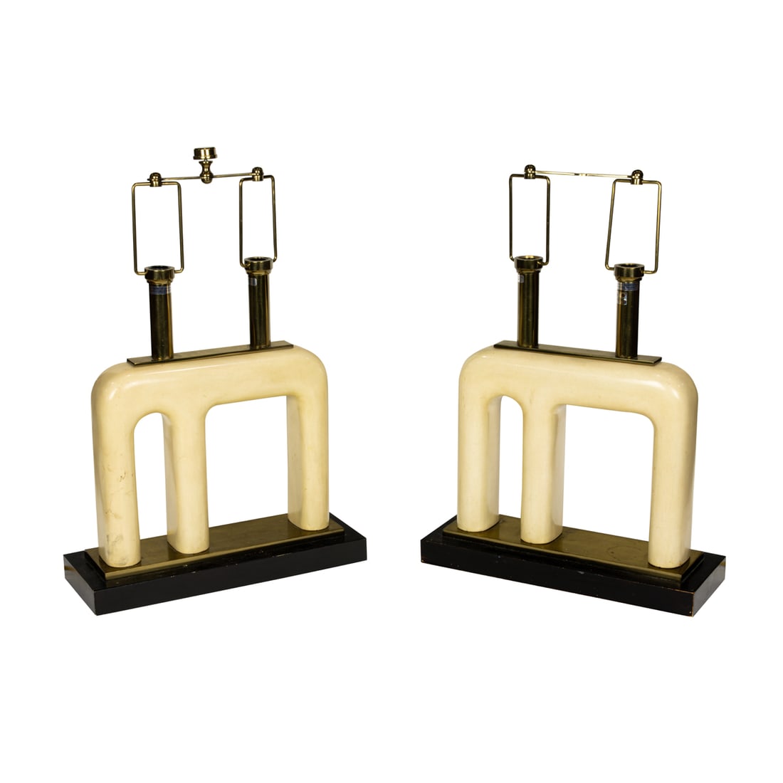 A pair of Modern faux goatskin and lacquered brass two-light table lamps (1 of 3)