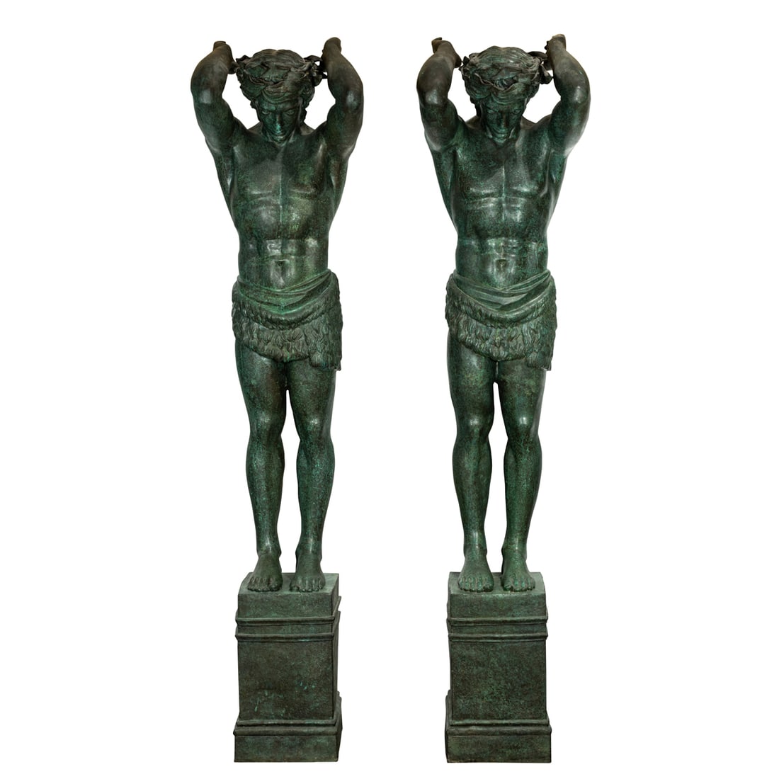 A pair of Classical style verdigris patinated metal architectural figures of Atlantes (1 of 3)