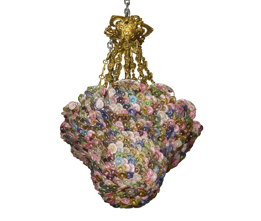 A Continental style glass and gilt metal millefiori chandelier, late 20th century: A Continental style glass and gilt metal millefiori chandelier, late 20th century, the pendant inset with three lights, overall 18.5"l x 17"dia