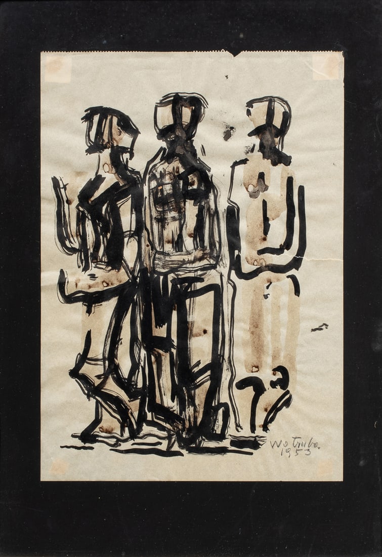 Work on paper, Fritz Wotruba: Fritz Wotruba (Austrian, 1907-1975), Untitled (Three Figures), 1953, ink on paper, pencil signed and dated lower right, sheet: 10.75"h x 8.25"w, overall (with frame): 21.75"h x 17.25"w. Provenance: Fo