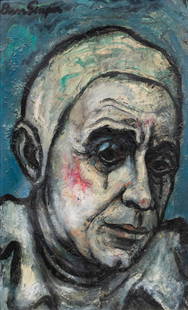 Painting, Bernice Lee (Burr) Singer: Bernice Lee (Burr) Singer (American, 1912-1992), Sad Clown, oil on board, signed upper left, 24.5"h x 16"w, overall (with frame): 27.25"h x 18.75"w