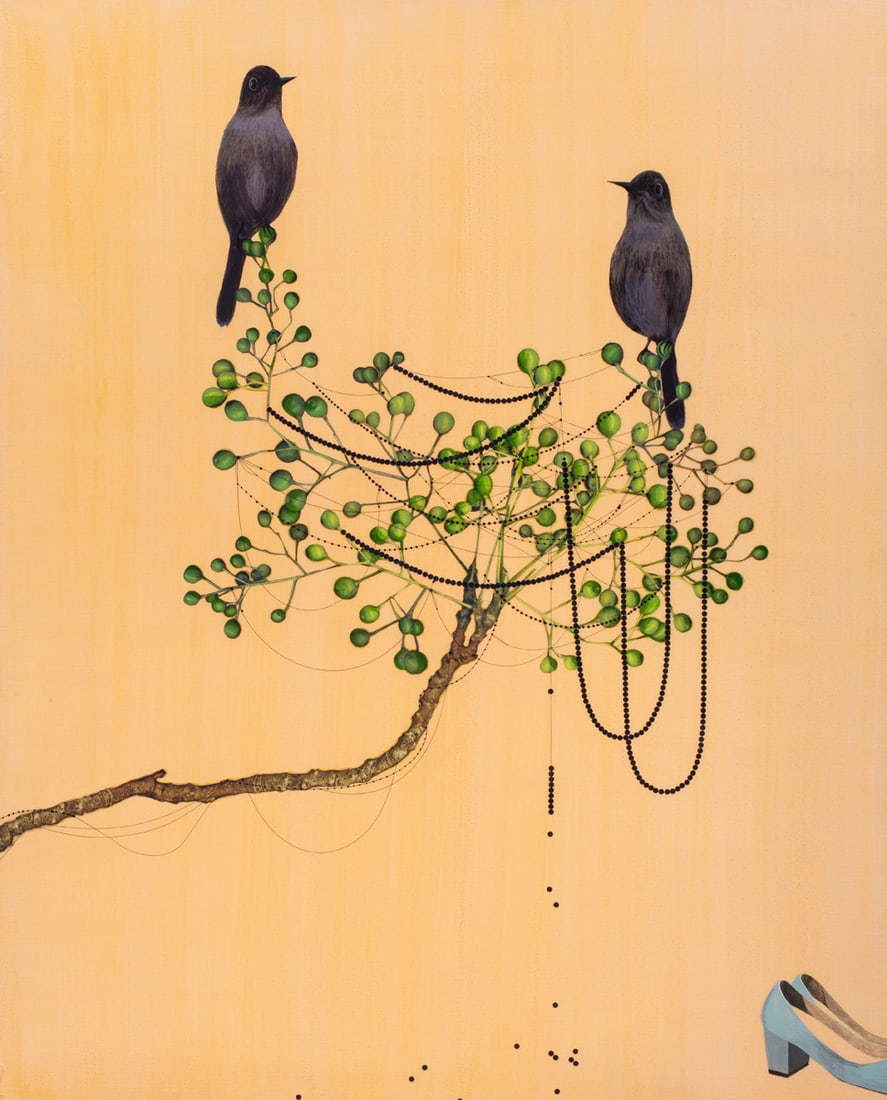 Mixed Media, Kaoru Mansour: Kaoru Mansour (Japanese, 20th century), "Two Black Birds & Blue Shoes'', 2023, acrylic, colored pencil, and paper collage on canvas, signed verso, canvas (unframed): 40"h x 32"w. Artist bio: Growing u