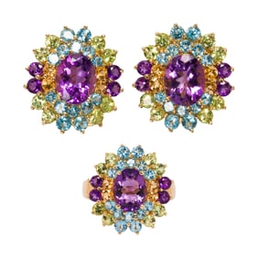 A semi-precious and 14k gold ring and earring set