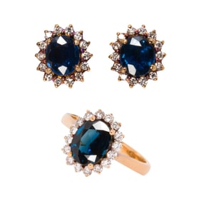 A sapphire, diamond and 18k gold ring and earring set
