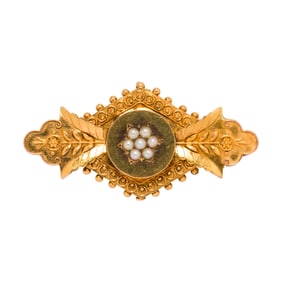 An antique seed pearl and 14k gold brooch