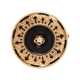 An antique onyx, enamel, diamond and 14k gold brooch-pendant
