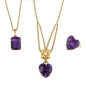 A group of amethyst and 14k gold jewelry
