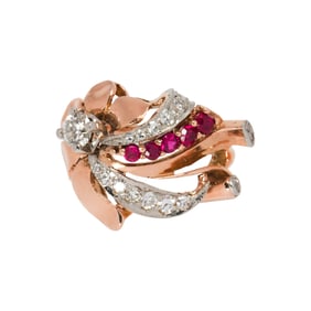 A Retro diamond, synthetic ruby and 14k rose gold ring