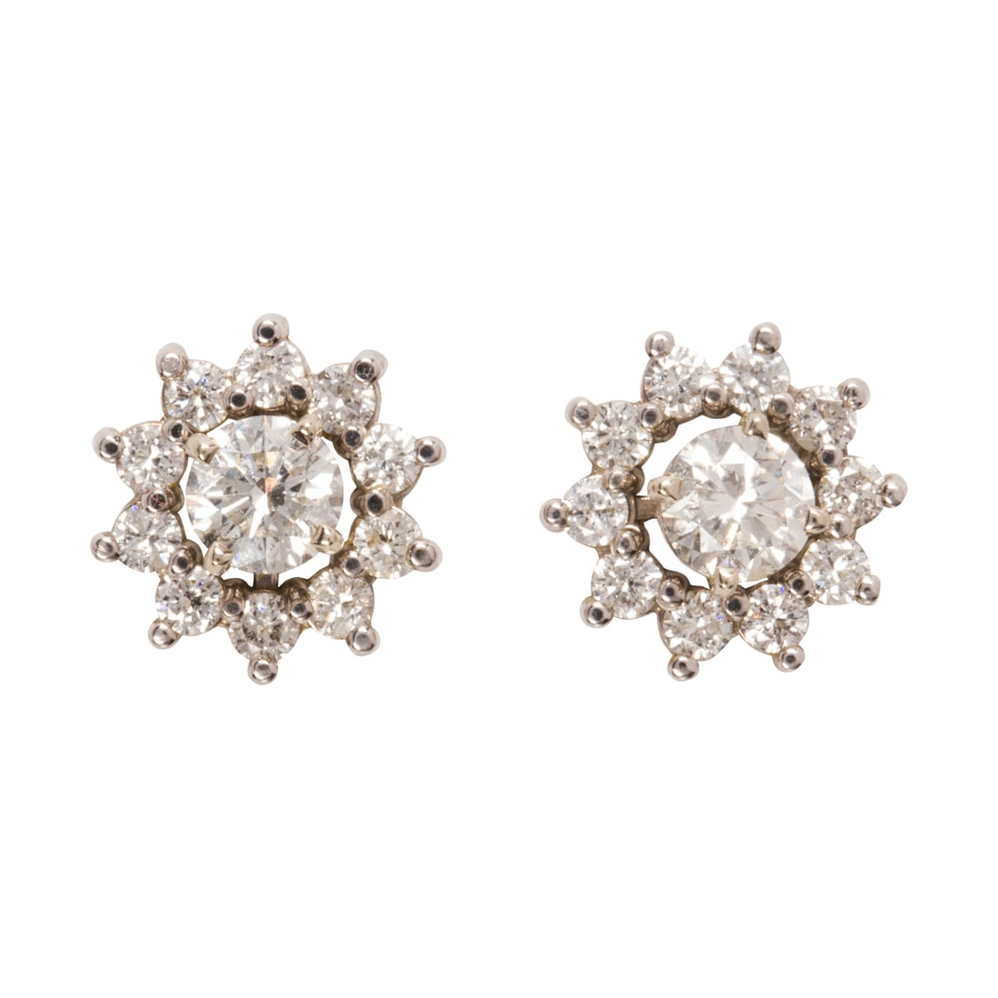 A pair of diamond and 14k white gold earrings: A pair of diamond and 14k white gold earrings each centering a round brilliant-cut diamond weighing approximately 0.45 carat, accompanied by diamond set ear-jackets; estimated total diamond weight: es