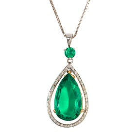 A lab-grown emerald, diamond and 18k gold pendant necklace