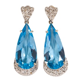 A pair of topaz, diamond and 14k white gold earrings