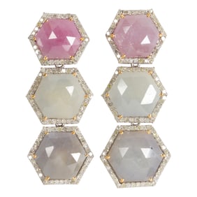 A pair of multi-hue sapphire, diamond and silver earrings