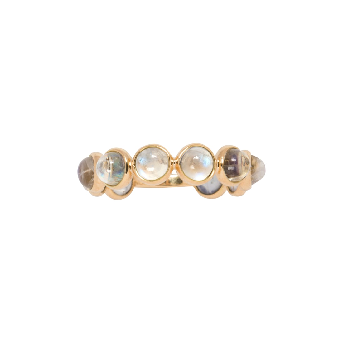 A moonstone and 18k gold band: A moonstone and 18k gold band of concentric design, featuring round moonstone cabochon; 1.80 grams; size: 5 1/2