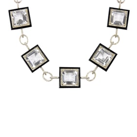 A rock crystal, onyx, diamond, silver and 14k gold necklace