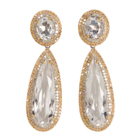 A pair of rock crystal, sapphire, silver and 14k gold earrings