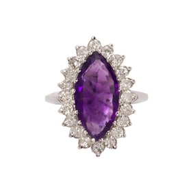 An amethyst, diamond and 14k white gold ring