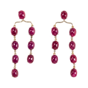 A pair of ruby, diamond, silver and 14k gold chandelier earrings