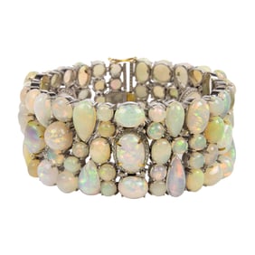 An opal, diamond and silver bracelet