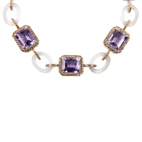 An amethyst, sapphire, rock crystal, silver and 14k gold necklace