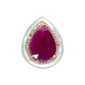 A Burmese ruby , diamond, mother-of-pearl, 14k gold and silver ring