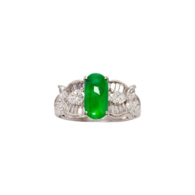 A jade, diamond and 18k white gold ring