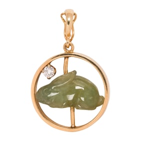 A jade, diamond and 14k gold pendant
