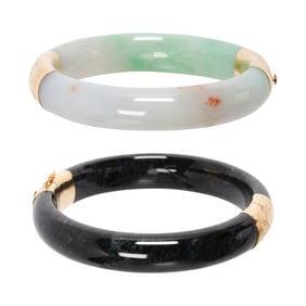 Two jade, hardstone and 14k gold bangle bracelets