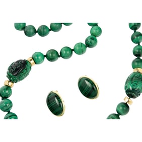 A malachite and 14k gold necklace and earrings