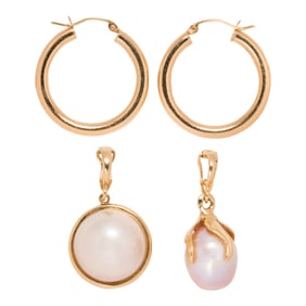 A group of cultured pearl and 14k gold jewelry