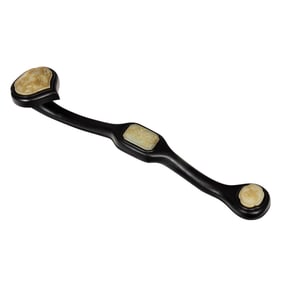 A Chinese jade inlaid wood ruyi scepter