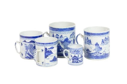 (lot of 5) Chinese export blue and white tankards
