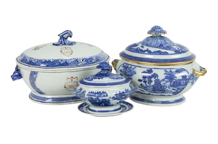(lot of 3) Chinese export blue and white tureens