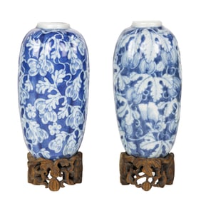 A pair of Chinese blue and white melon-form wall vases
