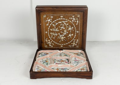 A set of Chinese famille rose trays and hardwood box
