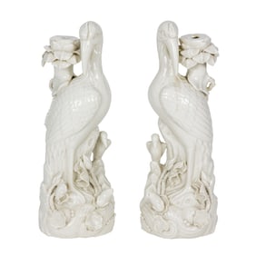 A pair of Chinese Dehua 'crane' candle holders