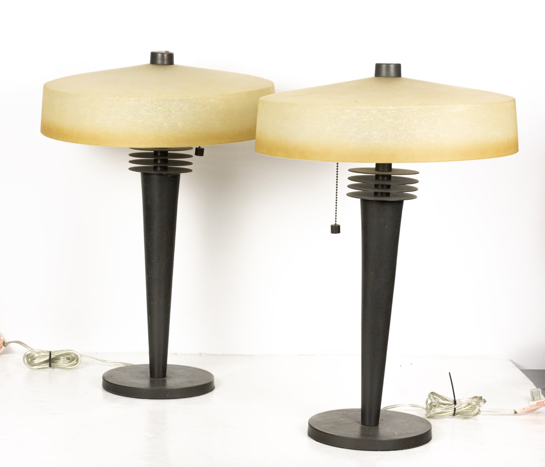 A pair of Art Deco style patinated metal table lamps with glass shades, 23"h x 15"dia (1 of 1)