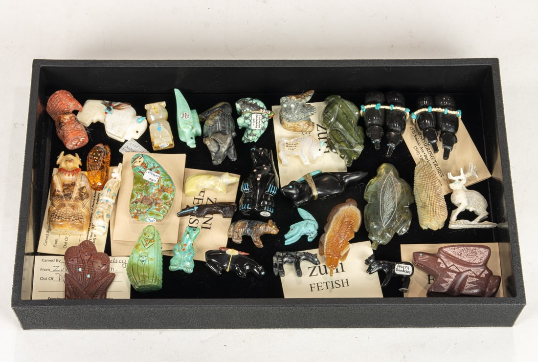 A lot of thirty-two Zuni stone and wood fetish carvings of mostly coin maidens and mammals (1 of 1)