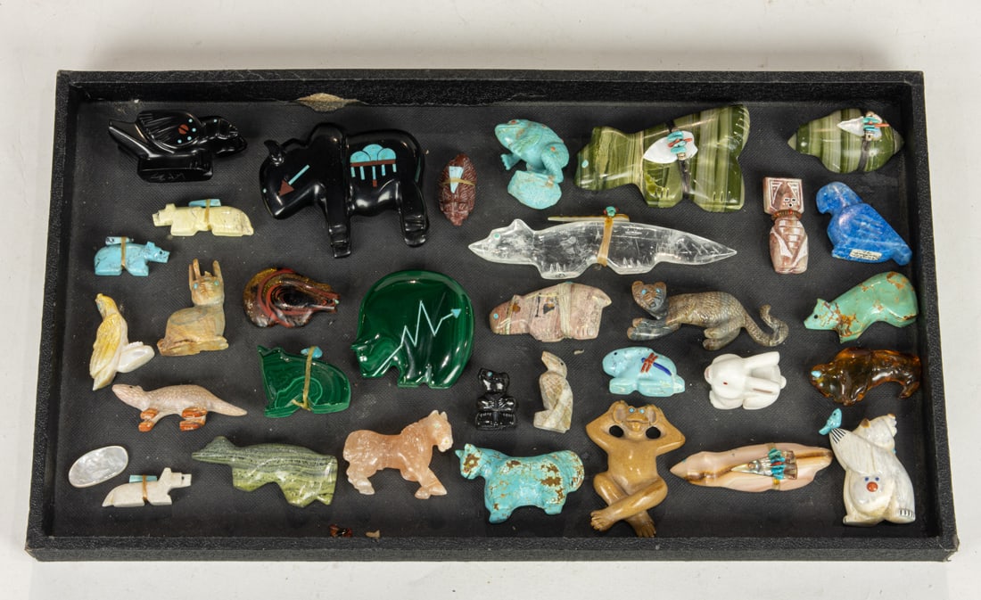 A lot of thirty-two Zuni stone and wood fetish carvings of mostly mammals and birds (1 of 1)