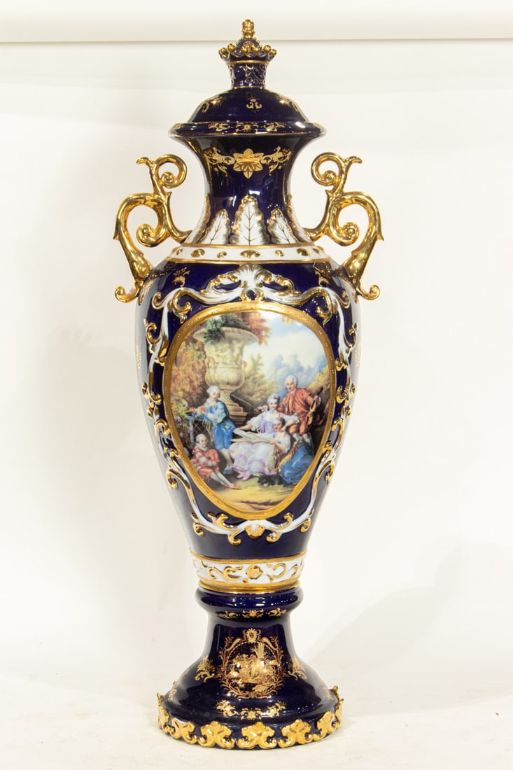 A Continental style porcelain two handled covered urn (1 of 4)