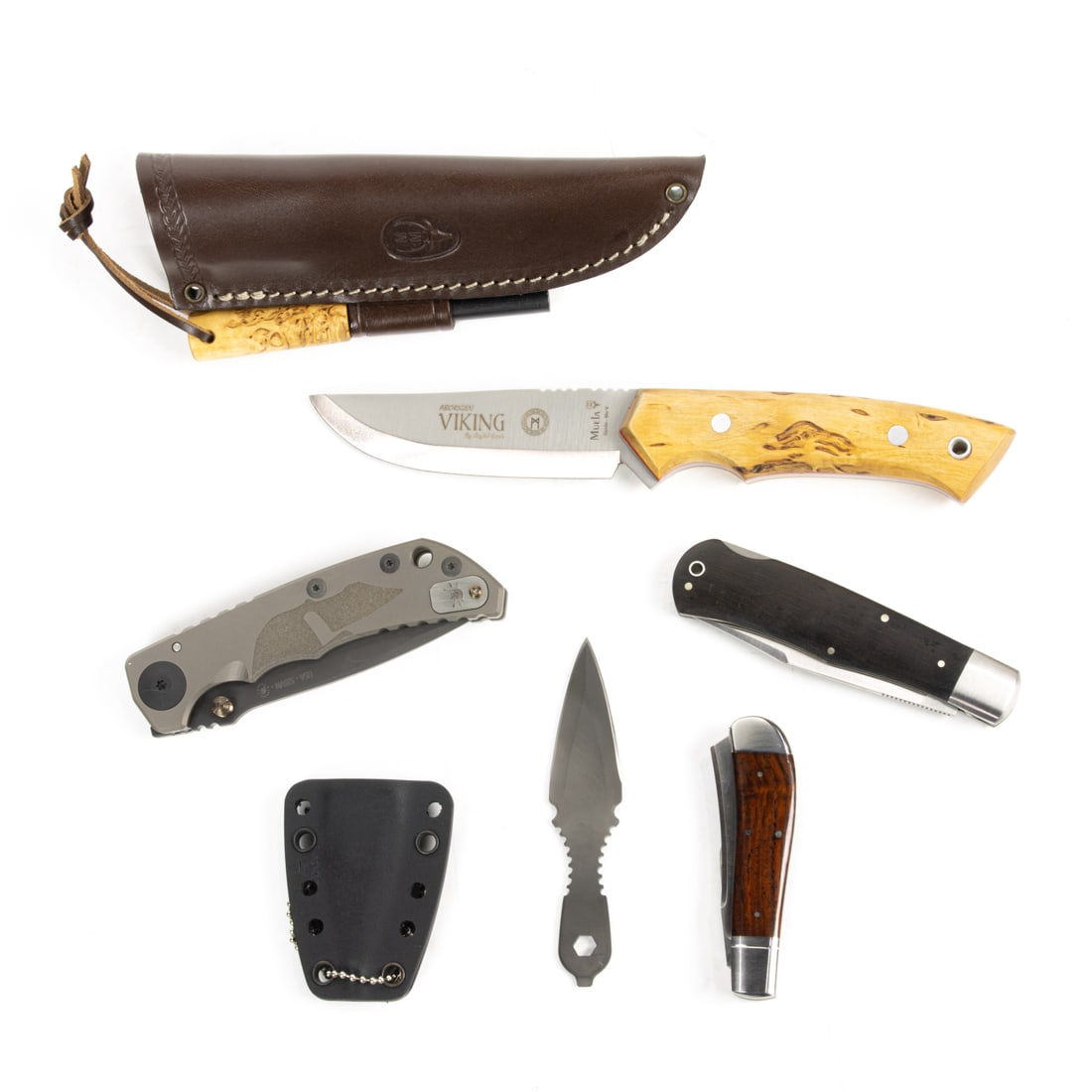 Five contemporary outdoor, utility and sporting knives in original boxes, including Muela Viking M11: Five contemporary outdoor, utility and sporting knives in original boxes, including Muela Viking M11 fixed blade with sheath, Spartan Blades Velos Black/ Black Nech Knife CPM20CV, Spartan Blades Harse