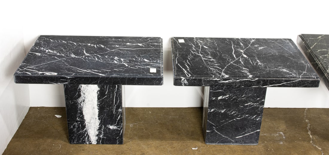 A Modern pair black marble specimen veneered end tables rising on pedestal bases 22"h x 30"w x 20"d (1 of 1)