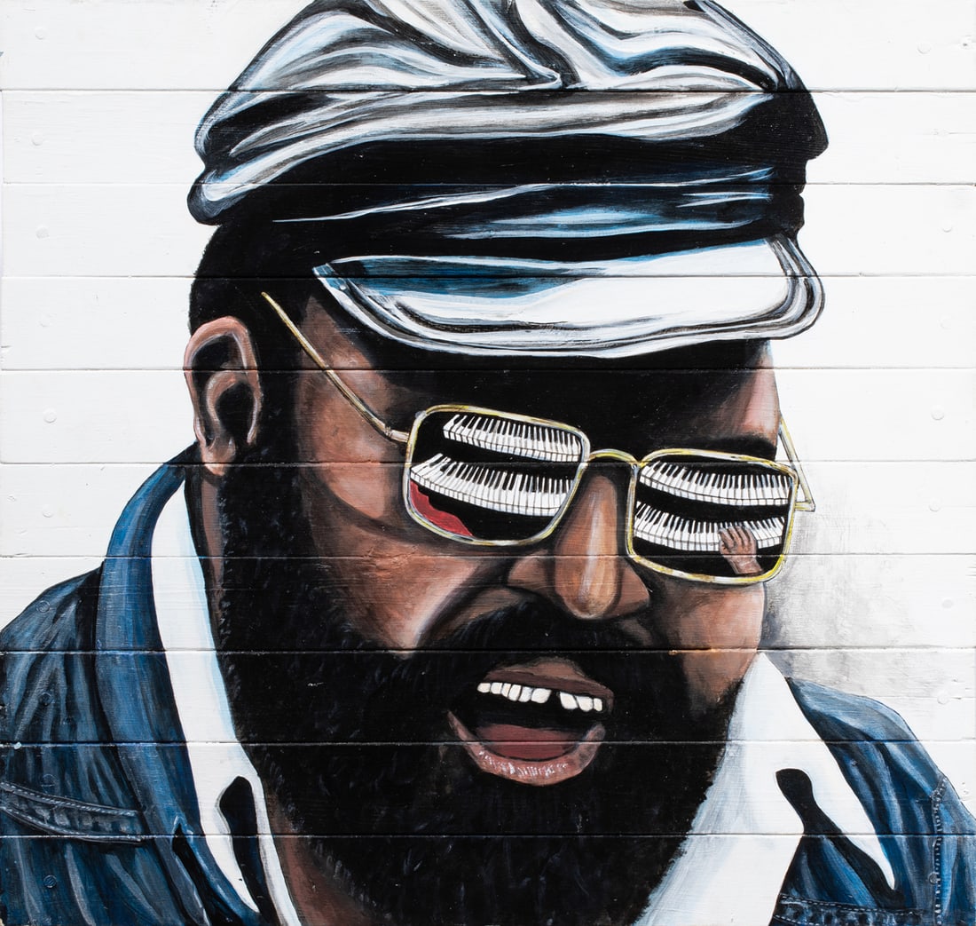 Painting, Gene Mosles: Gene Mosles (American, 21st century), "Merl Saunders," 2012, acrylic on wood panel, signed, dated, and inscribed verso, panel (unframed): 26.5"h x 26.5"w