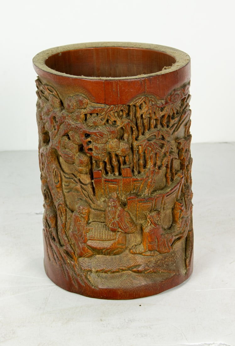 A Chinese bamboo brush pot: A Chinese bamboo brush pot. 20th century, 6.5" high.