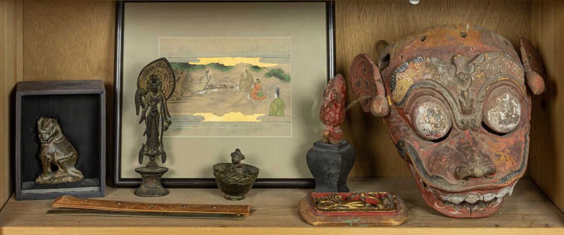 A shelf of Asian decorative objects, 11" longest: A shelf of Asian decorative objects, 11" longest.