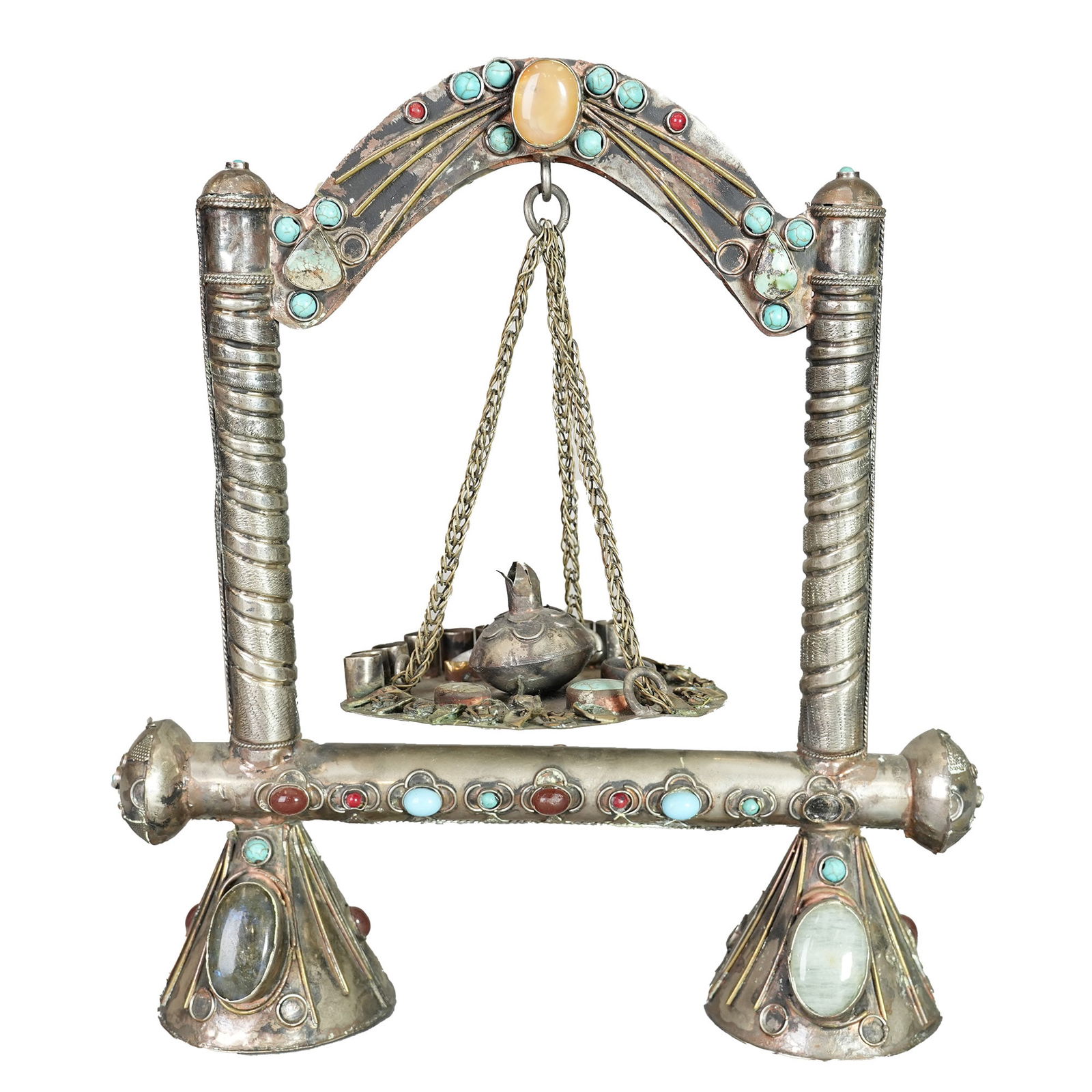 Judaica Turkmen Hanging Jewel Inset Menorah, 20th Century: Turkmen hanging jewel inset menorah in style of zev raban bezalel school, 20th Century, Judaica. 10.63"h x 9.45"w (27 x 24 cm) Provenance: Judaica collection from Abe Wintner, Los Angeles. Abe Wintner