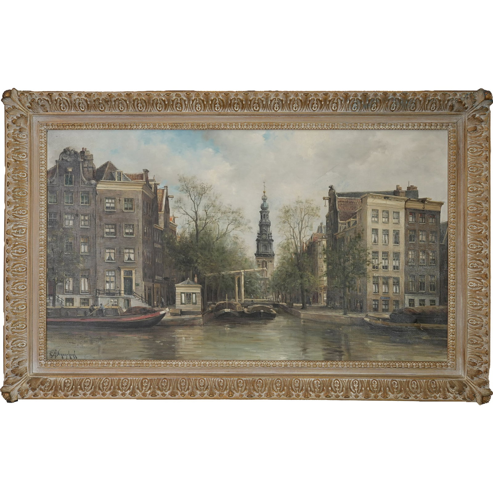 Painting, Carl August Streefkerk (Datch, 1884-1968): Carl August Streefkerk (Datch, 1884-1968), Jewish Neighborhood of Amsterdam, oil on canvas, signed lower left, image: 22.44"h x 38.58"w (57 x 98 cm), overall (with frame): 29.53"h x 45.67"w (75 x 116 