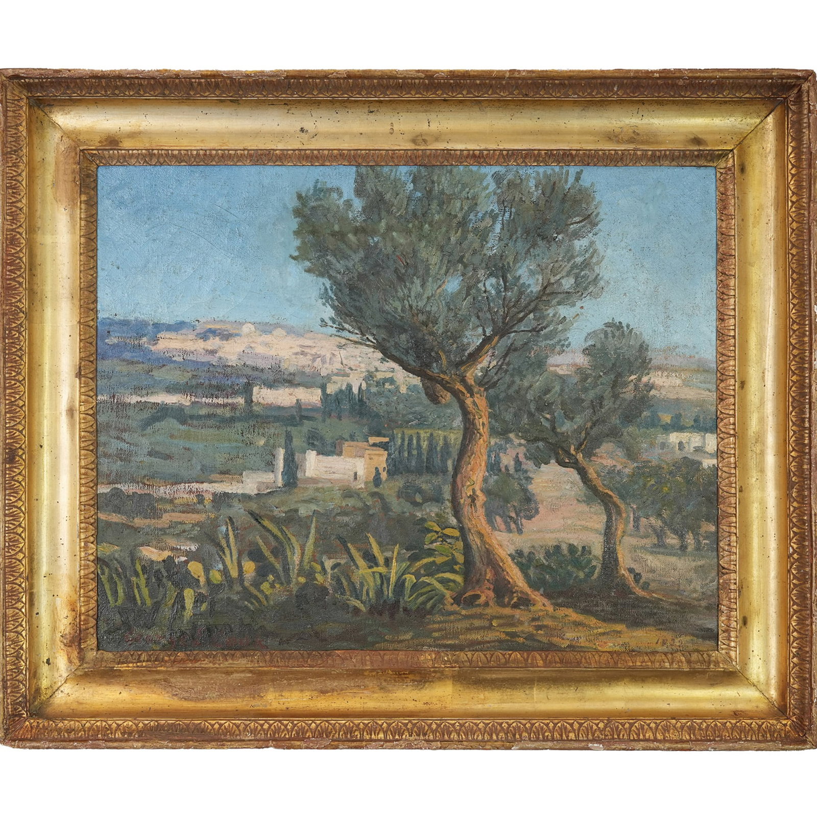 Painting, View of Jerusalem, Judaica: Painting, View of Jerusalem, oil on canvas, indistinct signature on lower left, image: 17.72"h x 22.05"w (45 x 56 cm), overall (with frame): 23.62"h x 28.74"w (60 x 73 cm) Provenance: Judaica collecti
