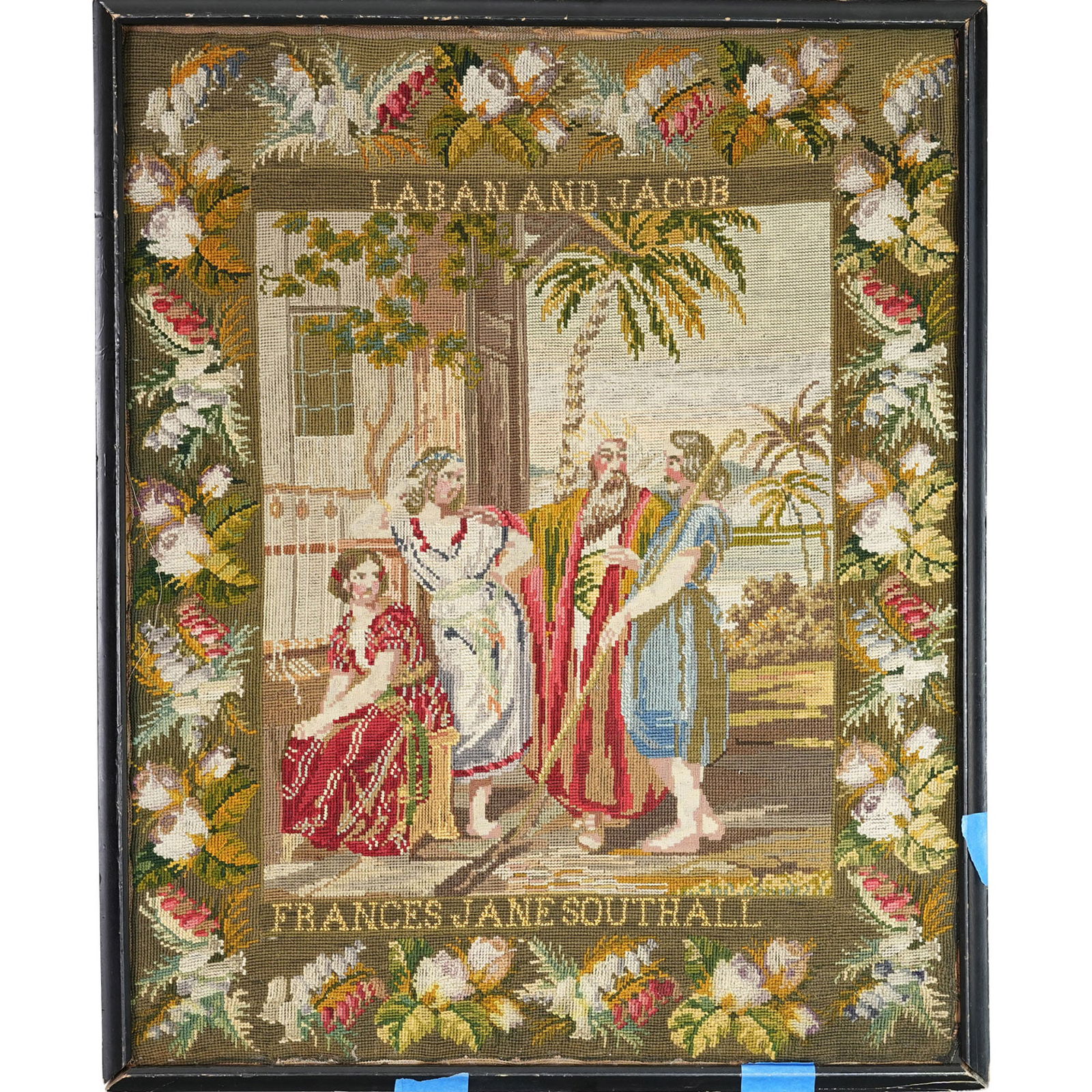American 19th Century Cross Stitch, 'Jacob, Laban, Rachel and Leah' (1 of 3)